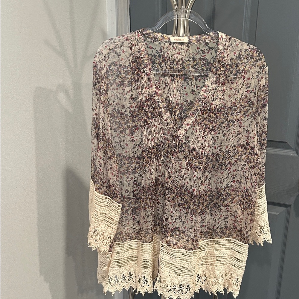 Sundance sheer Floral Blouse with Cream Lace Hem 100% silk.